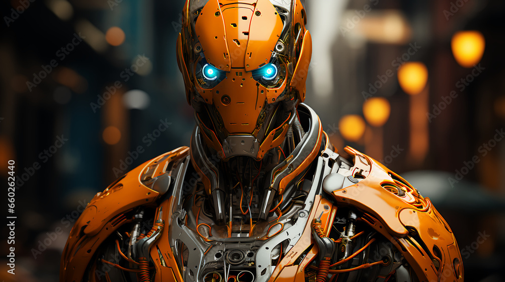 Poster face of a futuristic high-tech cyborg robot male. connecting man and computer with artificial intell