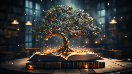 Abstract tree growing from a book. Mental training and education concept - obrazy, fototapety, plakaty