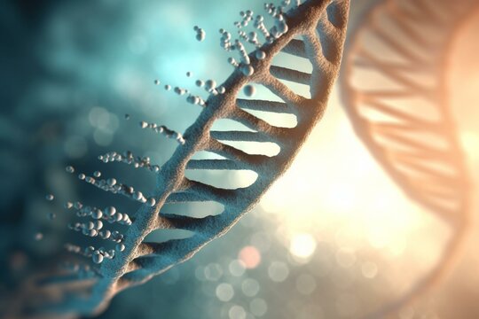 Close up view of a DNA double helix, DNA damage with flying letters, concept of disorder or genetic mutation. Generative AI