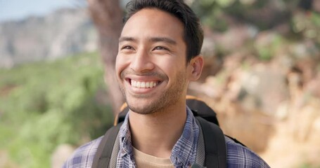 Hiking, breathing and man in nature for adventure, trekking and freedom with backpack. Travel, fitness and happy person outdoors walking for wellness, fresh air and exercise on holiday or vacation - Powered by Adobe