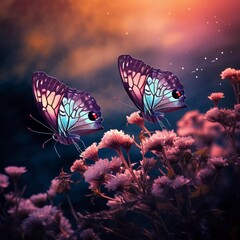 Realistic photo of beautiful butterflies flying over flowers with a twilight background
