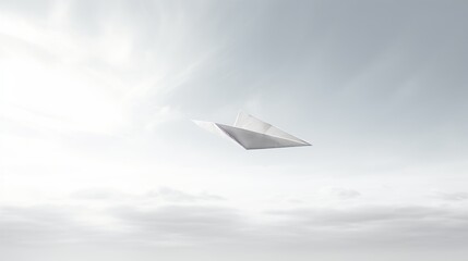 Fototapeta na wymiar A playful and adventurous image of a white paper airplane flying in the sky. The paper airplane is flying towards the right side of the image. The sky is a light blue with white clouds.