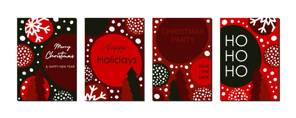 Set of christmas greeting cards with lettering, red and green, flat vector illustration with abstract of snowflakes and fir trees design for marketing, voucher, invitation, brochure