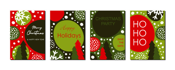 Set of christmas greeting cards with lettering, red and green, flat vector illustration with abstract of snowflakes and fir trees design for marketing, voucher, invitation