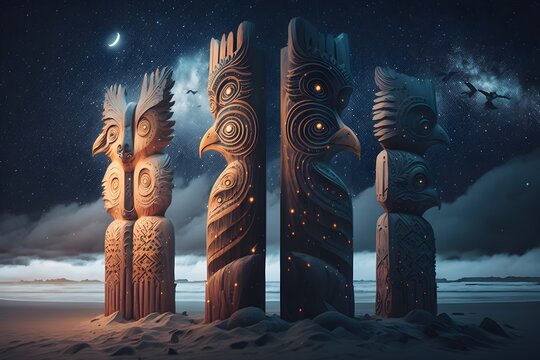 A city of sculptural animal totem poles on a vast beach a very starry night with heavy rain and contrasting backlights ultra detailed 4k 