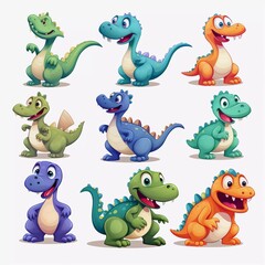 set of illustrations of types of dinosaurs with cartoon characters isolated on white background