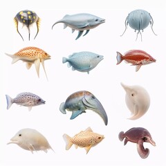 set of illustrations of various marine animals on a white background