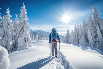 hiker in winter mountains