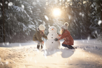 Fototapeta na wymiar children make a snowman