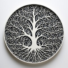 An AI generated round artwork of tree in black and white minimal abstract style.