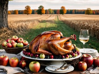 Thanksgiving Turkey Fall Harvest Scene, ,with Apples, Pie, and Corn on Top of Table With Field Trees And Sky Background, Still Life. 
