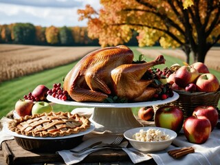 Thanksgiving Turkey Fall Harvest Scene, ,with Apples, Pie, and Corn on Top of Table With Field Trees And Sky Background, Still Life. 