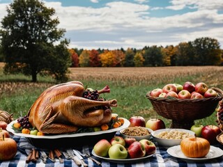 Thanksgiving Turkey Fall Harvest Scene, ,with Apples, Pie, and Corn on Top of Table With Field Trees And Sky Background, Still Life. 
