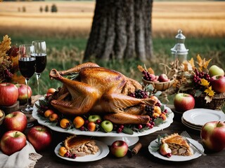 Thanksgiving Turkey Fall Harvest Scene, ,with Apples, Pie, and Corn on Top of Table With Field Trees And Sky Background, Still Life. 