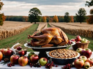 Thanksgiving Turkey Fall Harvest Scene, ,with Apples, Pie, and Corn on Top of Table With Field Trees And Sky Background, Still Life. 