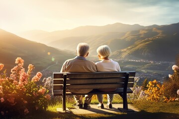 couple sitting on a bench in the mountains - Powered by Adobe