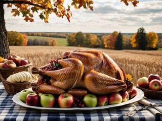 Thanksgiving Turkey Fall Harvest Scene, ,with Apples, Pie, and Corn on Top of Table With Field Trees And Sky Background, Still Life. 