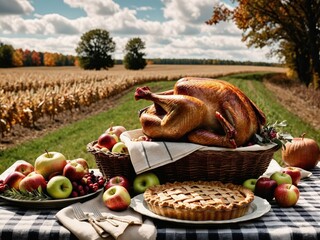 Thanksgiving Turkey Fall Harvest Scene, ,with Apples, Pie, and Corn on Top of Table With Field Trees And Sky Background, Still Life. 