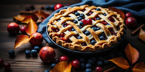 Fresh open blueberry pie on a wooden table. Generated by AI.