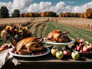Thanksgiving Turkey Fall Harvest Scene, ,with Apples, Pie, and Corn on Top of Table With Field Trees And Sky Background, Still Life. 