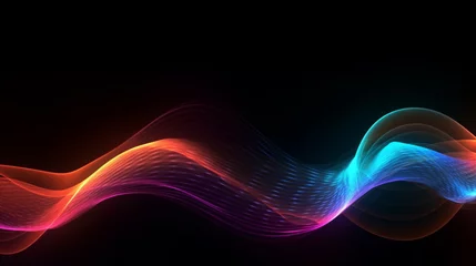 Gardinen Glowing neon multicolor techno dynamic wave on black background © alisaaa