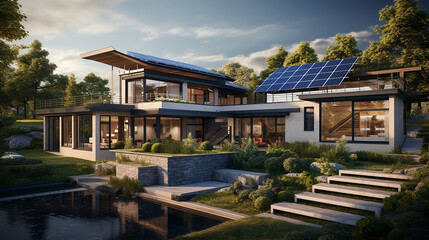 Fototapeta na wymiar Modern ecological house with solar panels. Generative AI