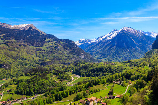 Panoramic view of Meiringen, near Reichenbach falls (Reichenbachfall) at the Swiss Alps in Switzerland
