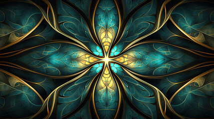 Symmetrical pattern in stained-glass window style. Blue palette. Computer-generated graphics. 