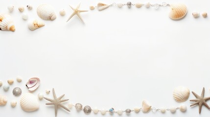 a white background with a border of seashells and starfish. The seashells and starfish are arranged in a rectangular border, creating a natural and coastal frame. The seashells and starfish have