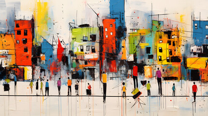 figurative painting city, movement concept in the city, community, people