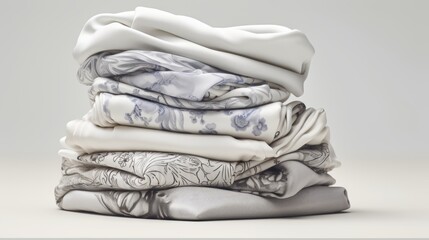 A colorful image of a stack of folded bed sheets on a white background. The sheets have different patterns and colors, ranging from floral to geometric to artistic.