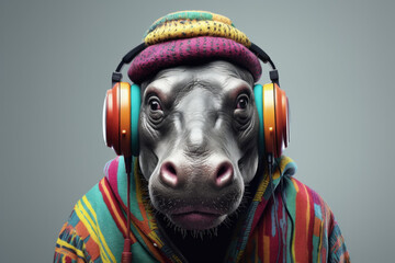 Anthropomorphic hippo wearing hood and a big colorful headphones. Portrait of funny animal. Musical, Disco, Retro concept. - obrazy, fototapety, plakaty