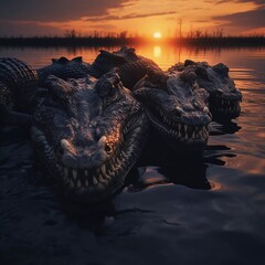 Realistic photo of a crocodile with a lake and twilight background