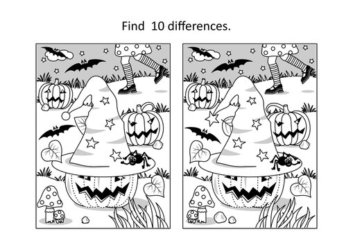 Halloween find 10 differences visual puzzle and coloring page with little witch chasing her hat, pumpkins, bats, spider
