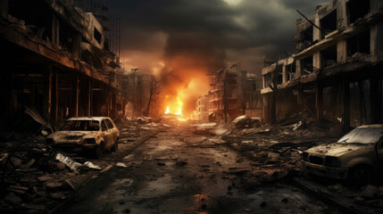 Fototapeta na wymiar a destroyed city with a fire storm in war. Generative Ai