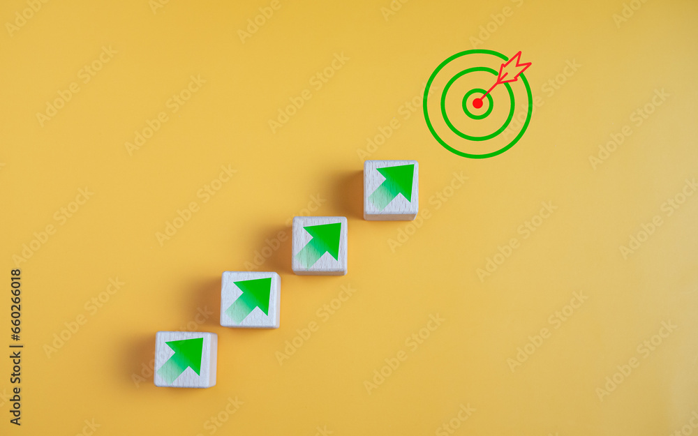 Poster wood cube block stacking with icon.concept of business strategy and goal action plan.