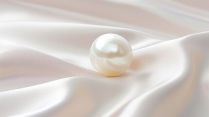 single pearl on a white satin background. The pearl is round and shiny, reflecting the light. The satin fabric has soft curves and folds, creating a contrast with the pearl.