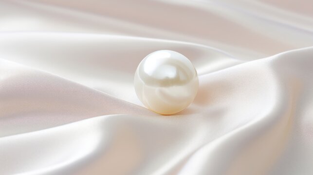 single pearl on a white satin background. The pearl is round and shiny, reflecting the light. The satin fabric has soft curves and folds, creating a contrast with the pearl.