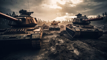 Armored tanks in a battlefield. Generative Ai - obrazy, fototapety, plakaty