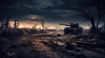 Battlefield, military tanks and dead trees as soldiers march towards of apocalyptic ruined landscape devastated by war. Generative Ai - obrazy, fototapety, plakaty