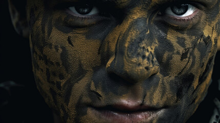 Close up of a Camouflage painted face. Generative Ai