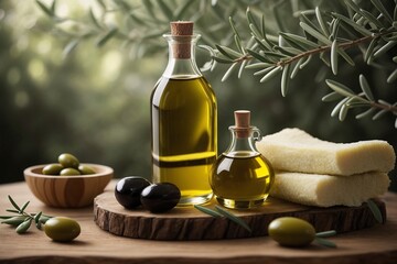 a bottle of Olive oil, olive tree branch, cosmetics, soap, cream, 