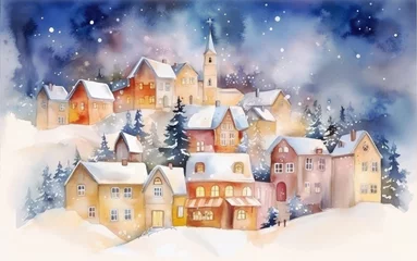 Abwaschbare Fototapete Winter landscape of a night city, village. Houses are standing in the snow, Christmas night, Christmas home decoration, Christmas greeting card, art illustration painted watercolour, generative ai © vladischern