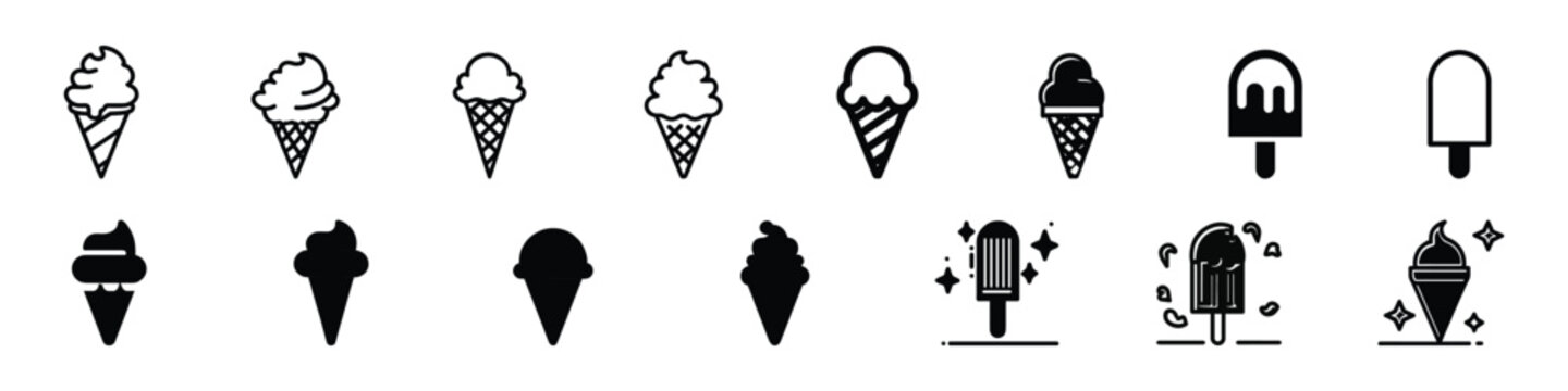 Ice Cream Icon Set, Ice cream icons set, ice cream collection, Illustration of ice cream on white background, Ice cream icon set. Pictogram for web. Line stroke. Ice cream black silhouette icons set