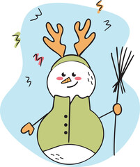 Cheerful snowman in a deer costume with a broom. Doodle illustration. Children s character. Hello winter