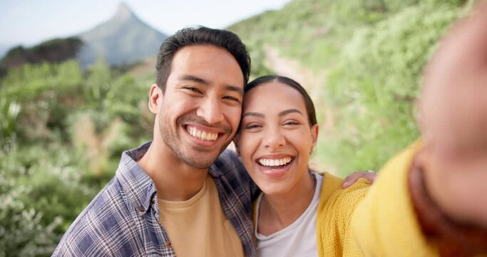 Couple, face and crazy selfie in nature for hiking, travel or adventure together. Portrait, funny and travel influencer people in a forest for social media profile picture, blog or podcast update