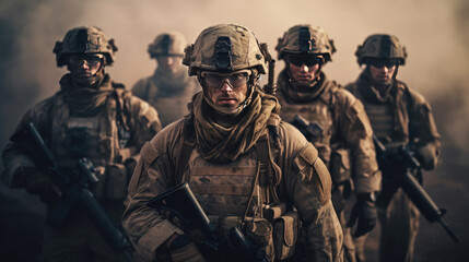 Group of Several modern soldiers fully equipped facing the camera in a dusty and smoggy environment. Generative Ai - obrazy, fototapety, plakaty