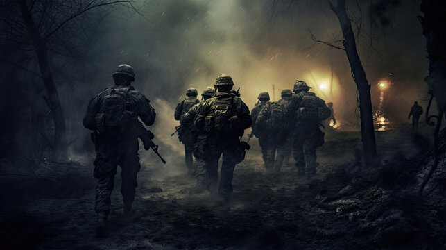 Group of military soldiers move into position in war. Generative Ai