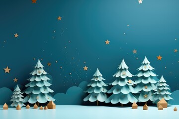 Christmas banner postcard in paper cut style. Illustration of a decorated Christmas tree with snow falling on a blue background, 3D illustration