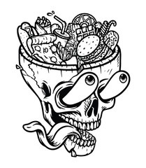 lots of food on top of the skull